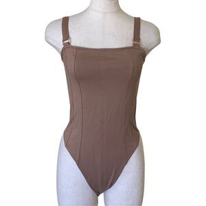 H&M Brown Thong Bodysuit Top with Gold Detail Women’s Size S